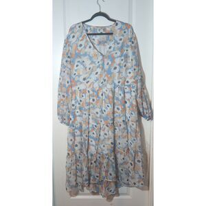 Joie Floral Midi Dress XXL Blue Orange Long Sleeve Tiered Lightweight